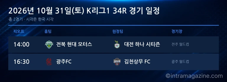 2026년 10월 31일(토) K리그1 34R 경기 일정표