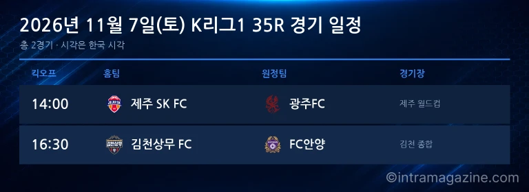 2026년 11월 7일(토) K리그1 35R 경기 일정표