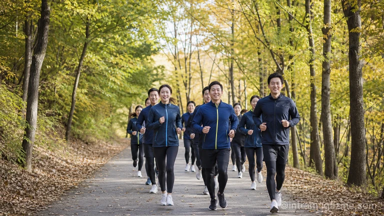 가을 숲길 코스를 무리지어 달리는 기부 마라톤 참가자들의 뒷모습