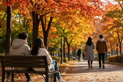 쌀쌀해진 날씨에 두꺼운 옷을 입고 야외 활동을 하는 시민들