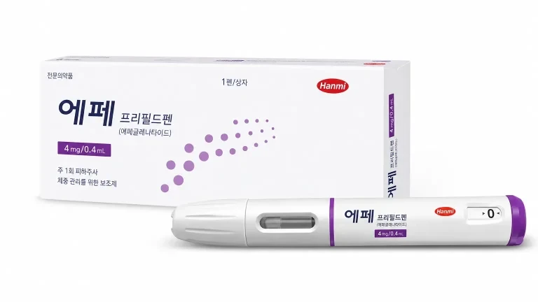 국산 비만 치료제 에페 제품 패키지와 펜 타입 주사기
