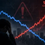 하락하는 주가 그래프와 반대로 상승하는 빚투 금액을 나타내는 그래프