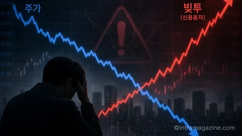 하락하는 주가 그래프와 반대로 상승하는 빚투 금액을 나타내는 그래프