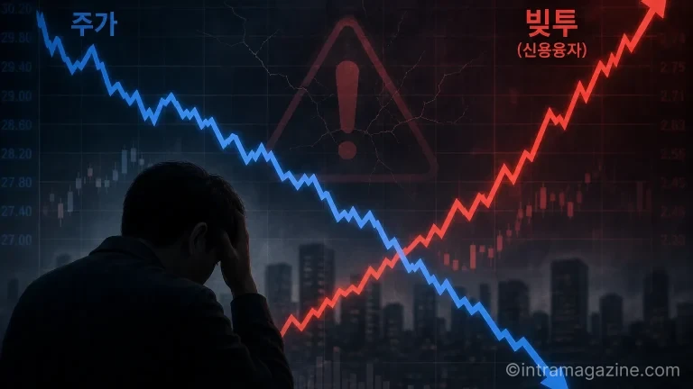 하락하는 주가 그래프와 반대로 상승하는 빚투 금액을 나타내는 그래프