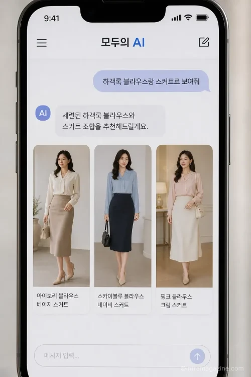 스마트폰에서 KT 모두의 AI와 대화하며 하객룩을 추천받는 화면