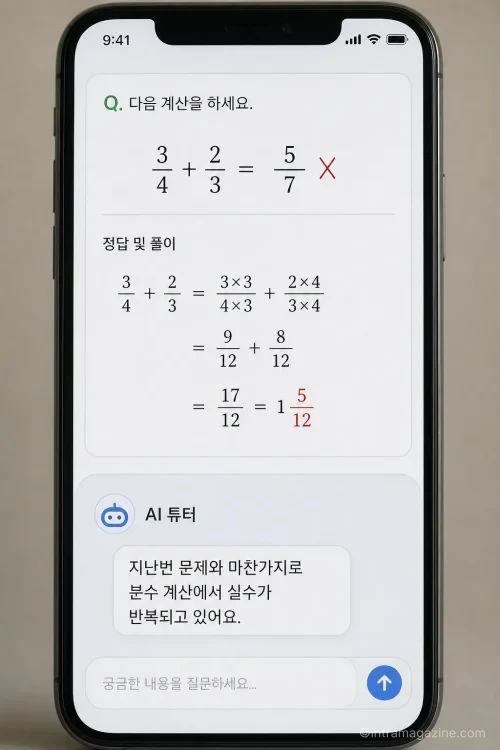 AI가 스마트폰 화면 속 수학 문제의 반복적인 실수 패턴을 분석해주는 모습