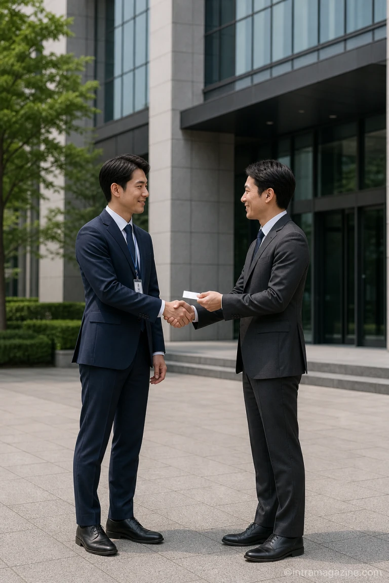 한 인물이 대기업 건물 앞에서 스카우트 제의를 받는 모습