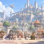 판타지 모험 마을 광장에 모여 있는 횡스크롤 액션 RPG 캐릭터들의 모습