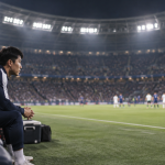 축구 전용 경기장 벤치에서 경기를 지켜보고 있는 선수의 모습