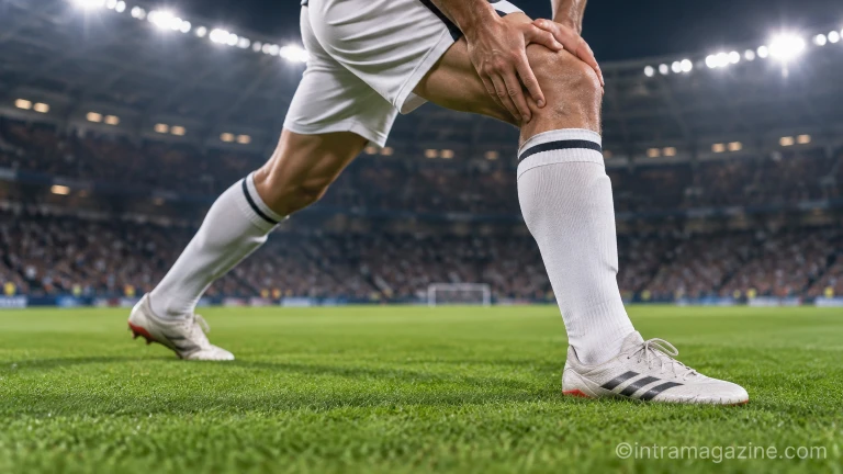 경기 전 피치 위에서 다리 근육 상태를 점검하며 몸을 푸는 축구 선수의 하반신