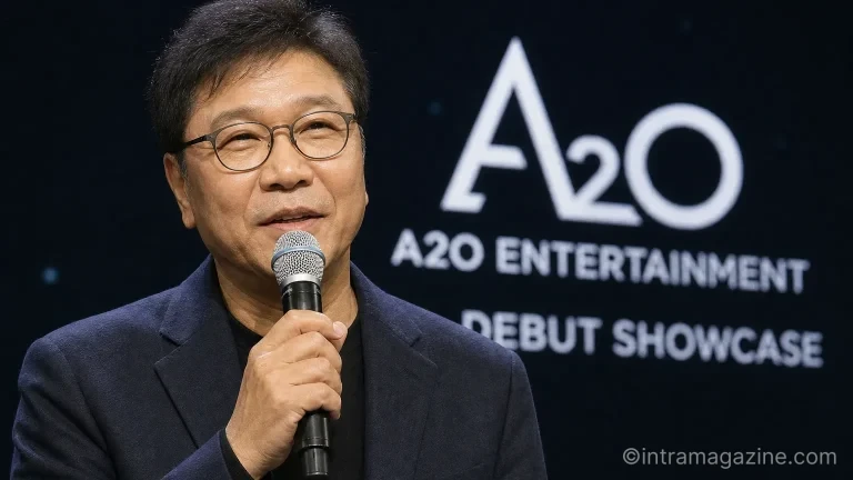 신인 그룹 A2O의 데뷔 쇼케이스에서 인사말을 하는 이수만 키 프로듀서