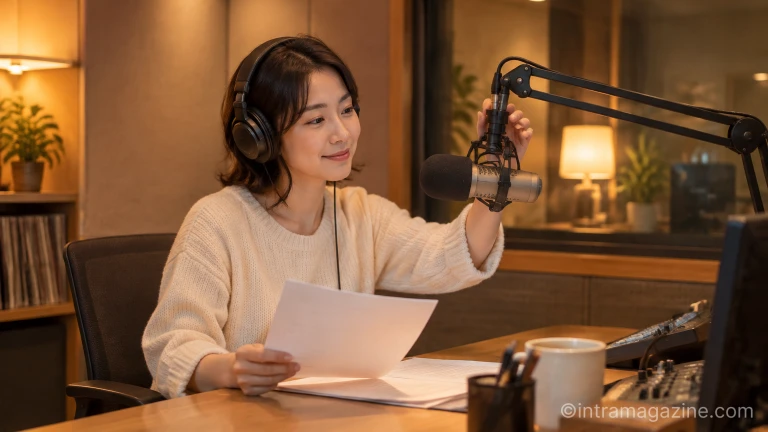 라디오 스튜디오 부스 마이크 앞에서 차분하게 방송을 준비하는 모습