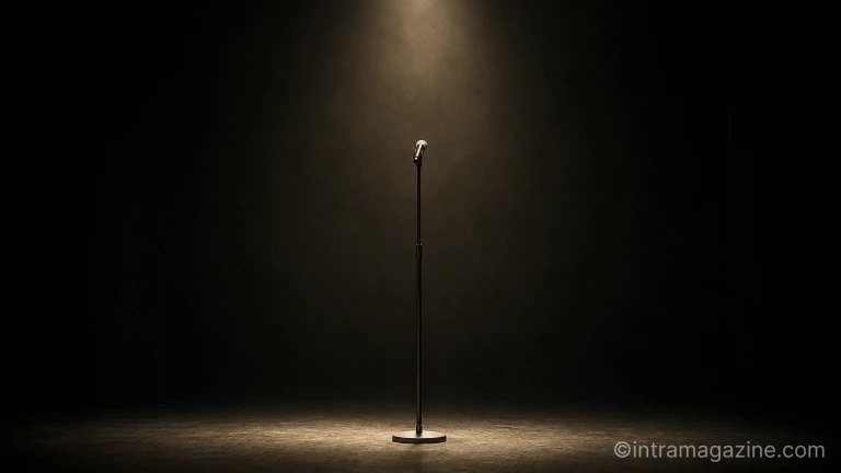 어두운 공연장 무대 중앙에 스탠드 마이크와 핀 조명이 설치된 풍경