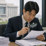 돋보기로 서류를 살펴보는 모습
