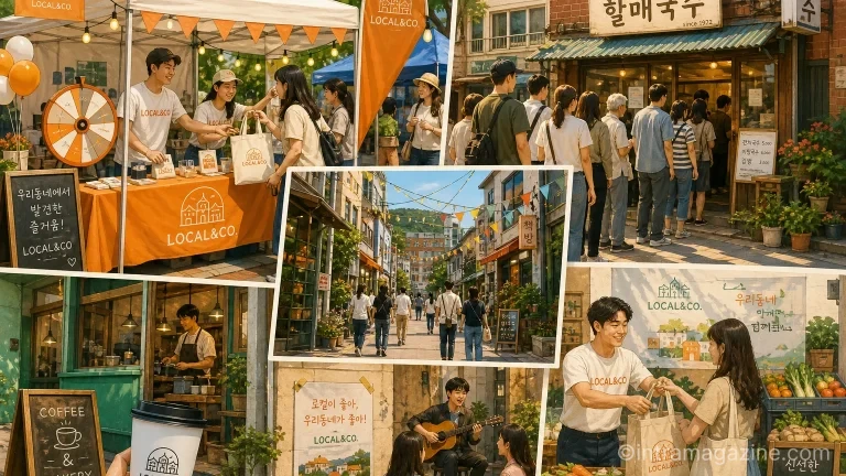지역 축제, 골목 맛집 등과 협업하는 다양한 로컬 마케팅 현장 일러스트