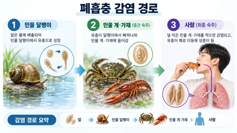 폐흡충의 감염 경로를 설명하는 인포그래픽