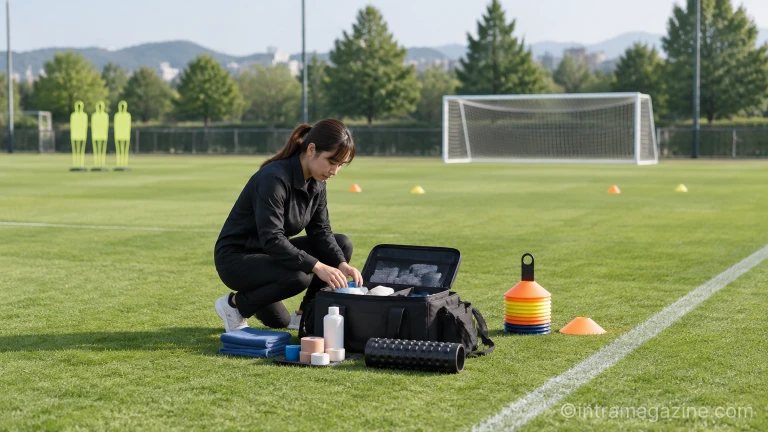 축구장 사이드라인에서 의료 장비를 점검하는 트레이너와 훈련장 전경
