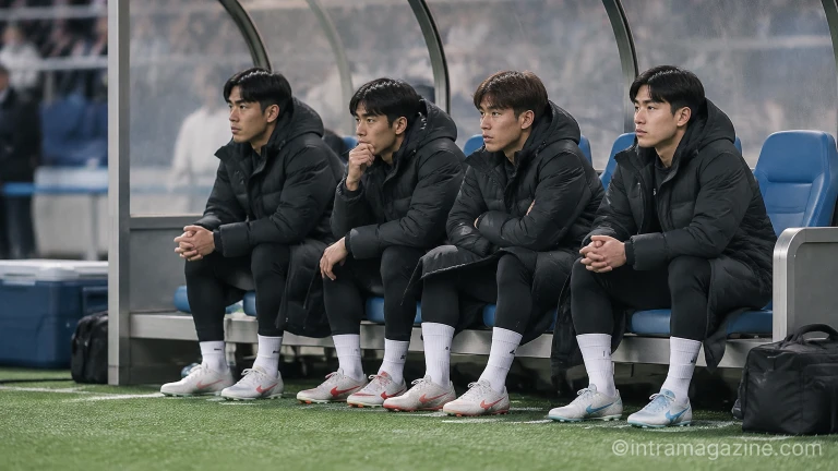 경기 도중 선수 대기석 벤치에 앉아 동료들의 플레이를 지켜보는 축구 선수들