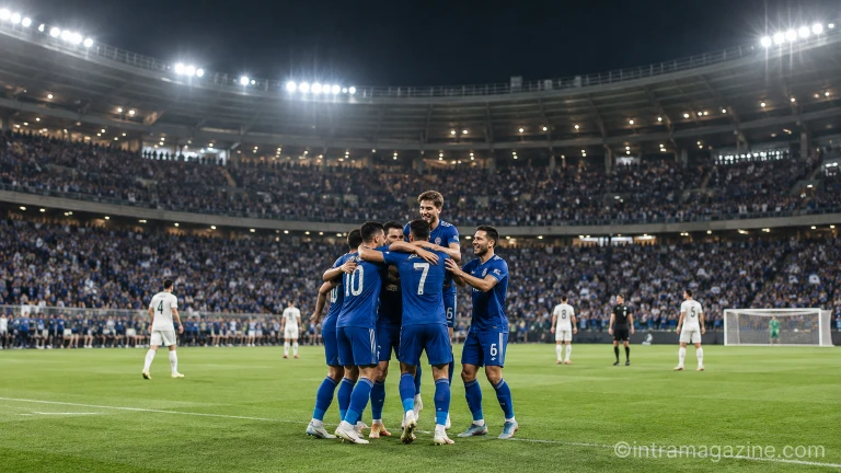유럽 챔피언스리그 맨체스터 시티 홈 경기에서 득점 후 동료들과 환호하는 축구 선수들
