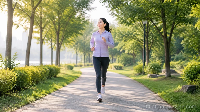 아침 햇살이 비치는 공원 산책로를 따라 조깅하며 운동하는 중년 여성