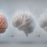 정상 뇌, 경도인지장애 뇌, 치매 뇌의 상태를 단계별로 보여주는 일러스트