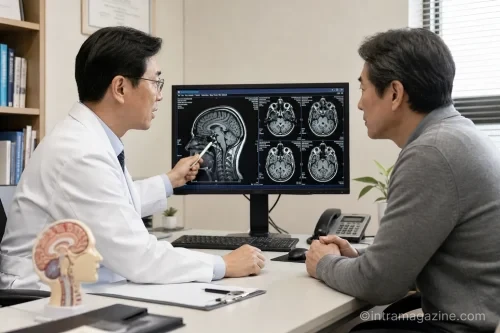 의사가 환자에게 뇌 MRI 영상 검사 결과를 설명하는 모습