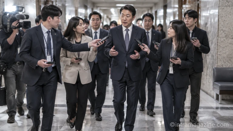 국회 복도에서 취재진의 질문을 받으며 이동하는 정당 관계자들