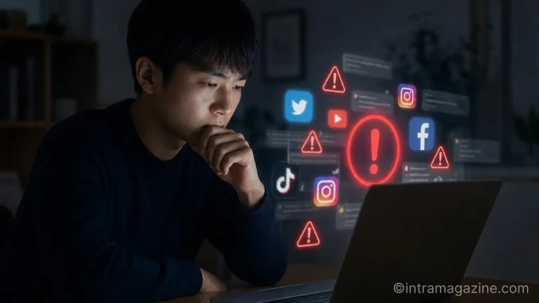 온라인에서 허위사실을 유포하는 것의 위험성을 상징하는 일러스트