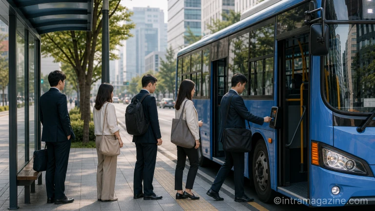도심 버스 정류장에서 버스 문이 열리고 승객들이 차례로 탑승하는 출근 시간대 풍경