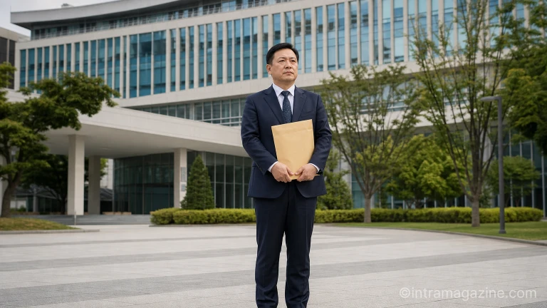 국민연금 제도 개선을 요구하며 정부청사 앞에 서 있는 한 남성
