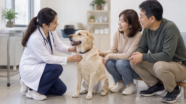 실내 진료 공간에서 수의사가 은퇴견의 관절과 구강 상태를 확인하며 입양 가족에게 상담하는 모습