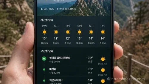 네이버 등산 테마날씨 서비스의 구간별 예보 화면