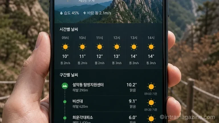 네이버 등산 테마날씨 서비스의 구간별 예보 화면