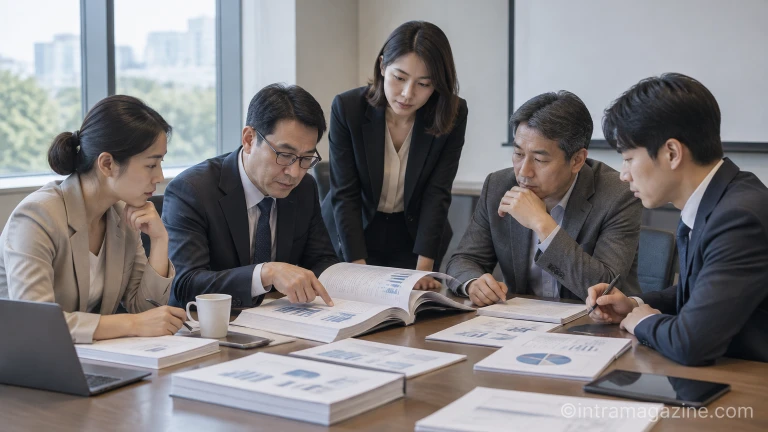 특수교육 통계 조사 보고서와 연구 데이터를 분석하며 검토하는 회의실 장면