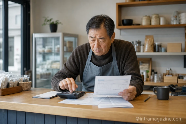 가게에서 고지서를 보며 고민하는 영세 자영업자
