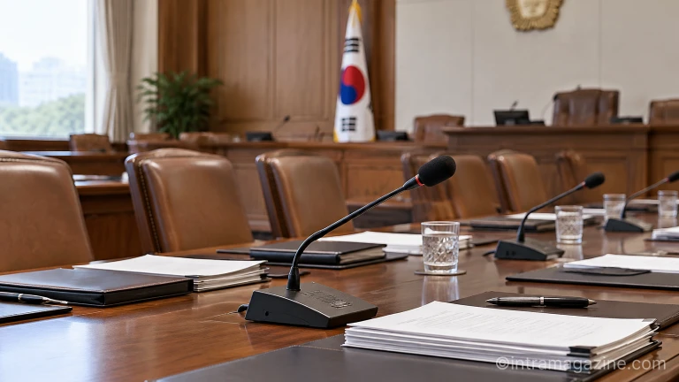 회의 테이블 위에 놓인 마이크와 업무 서류철