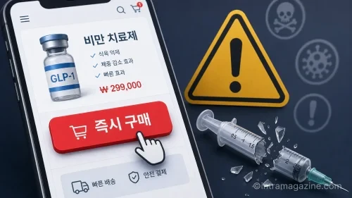 비만 치료제 온라인 불법 유통의 위험성을 알리는 이미지