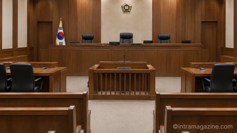 항소심 공판이 진행된 법정 내부의 피고인석과 법대 전경