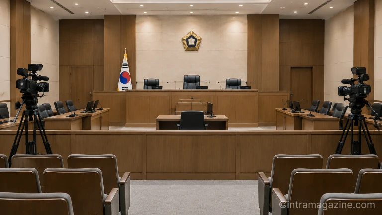재판 선고 실시간 중계를 위해 방송 장비가 설치된 법정 내부 전경