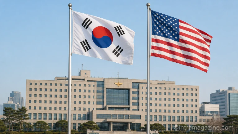 나란히 걸려있는 태극기와 성조기
