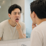 거울을 보며 자신의 하얀 혀를 살펴보고 있는 남성