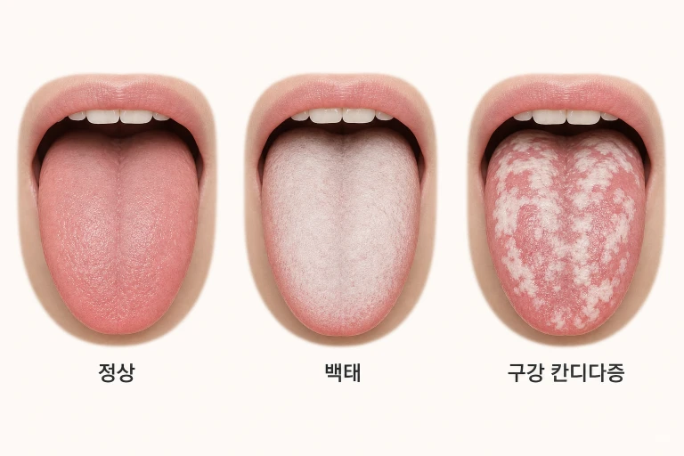 정상적인 혀, 백태가 낀 혀, 구강 칸디다증이 발생한 혀를 비교한 그림
