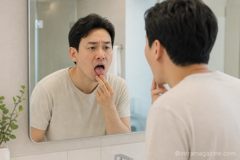 거울을 보며 자신의 하얀 혀를 살펴보고 있는 남성