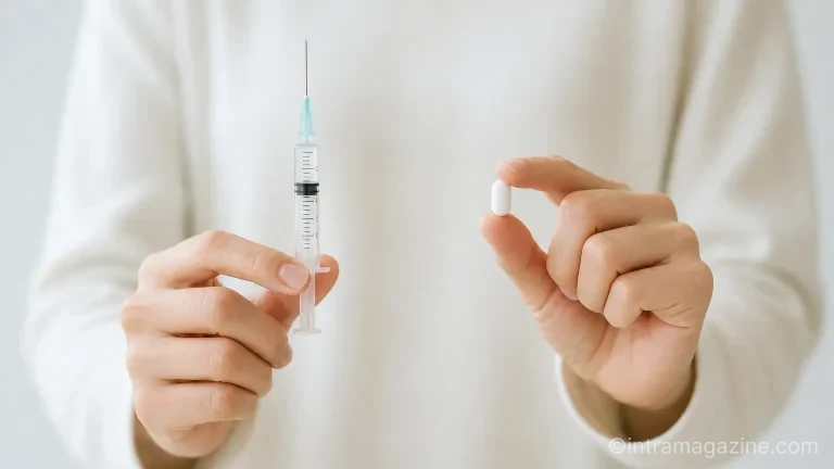 주사형 치료제와 경구용 치료제인 알약을 놓고 선택하는 모습