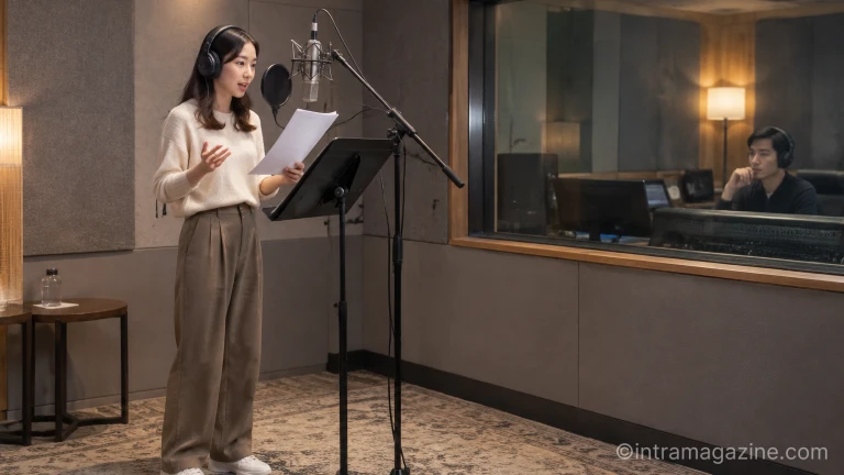 더빙 스튜디오 녹음 부스에서 마이크를 앞에 두고 대본을 보며 음성을 녹음하는 성우