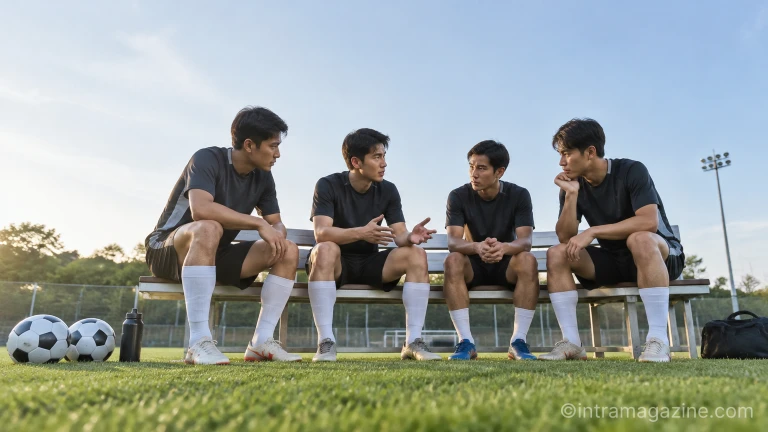 훈련장 벤치에서 대화를 나누는 축구 선수들의 모습
