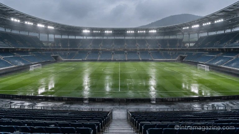 텅 빈 축구 경기장과 그라운드 잔디 모습
