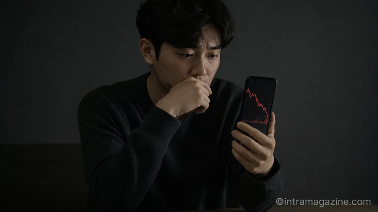 하락하는 주식 그래프를 보며 우려하는 투자자