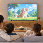 TV 화면에서 방영되는 포켓몬스터 원더보야지 애니메이션을 시청하는 모습