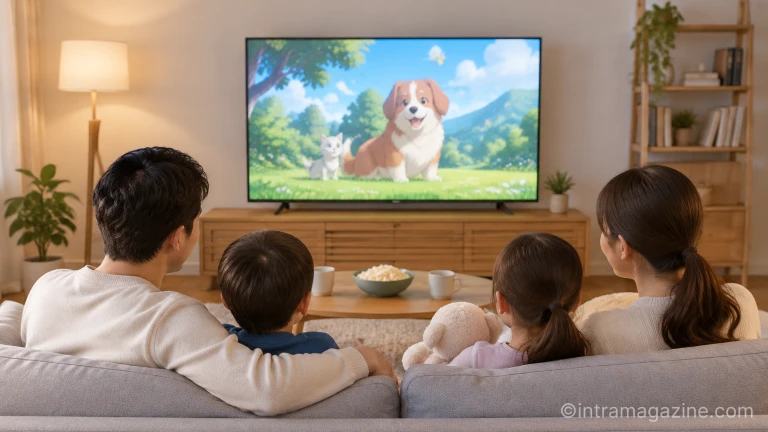 TV 화면에서 방영되는 포켓몬스터 원더보야지 애니메이션을 시청하는 모습